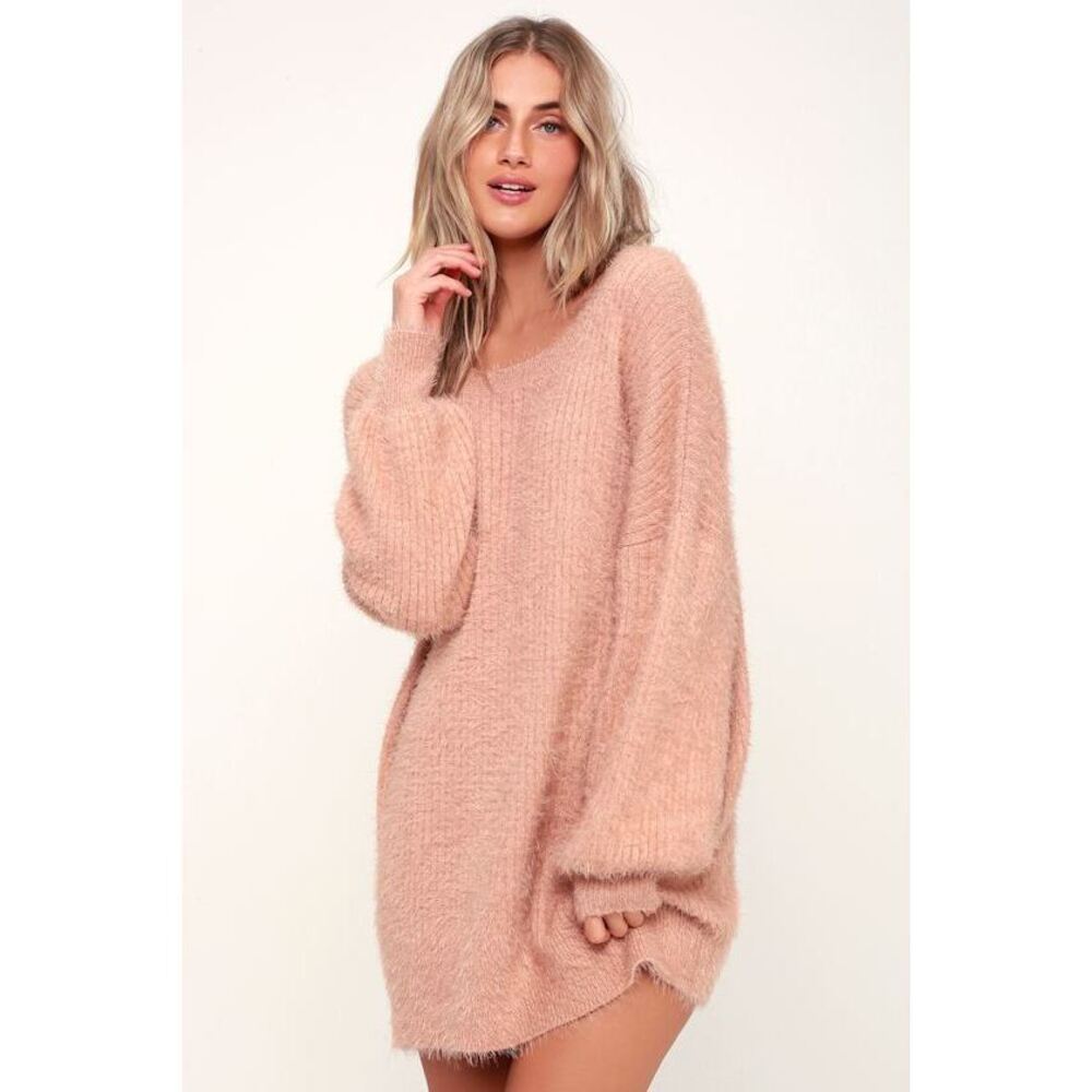 Lulus Slater Blush Pink Fuzzy Sweater Dress - Size Small/Medium